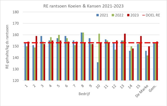 Figuur 1: Ruw eiwitgehalte in rantsoen op Koeien en Kansen-bedrijven in 2021, 2022 en 2023. Resultaten gerelateerd aan de doelstelling van 155 RE