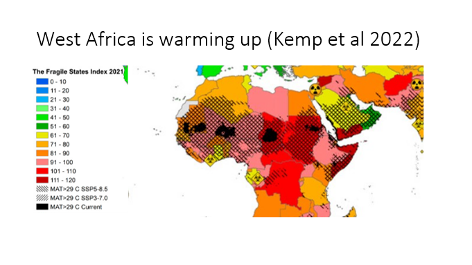 Voedselproductie wordt lastiger in een groot deel van de Sahel door een hoge gemiddelde jaartemperatuur (Mean Annual Temperature – MAT) als gevolg van klimaatverandering. 
