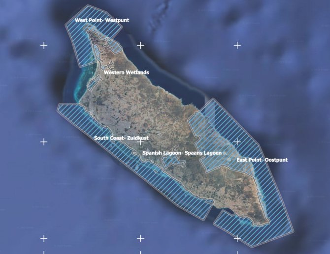 De vijf Ramsar-gebieden op Aruba, in totaal 14.408 hectare