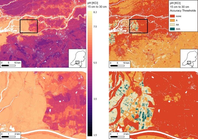 Zoom in of soil pH [KCl] for the depth layer 15 cm to 30 cm and the related accuracy thresholds, by means of which we specify map quality for end-users. 