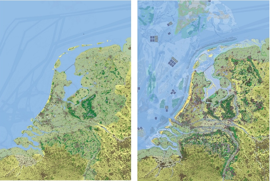 The map of the Netherlands in 2020 (left) and the future scenario of the Netherlands in 2120 (right)