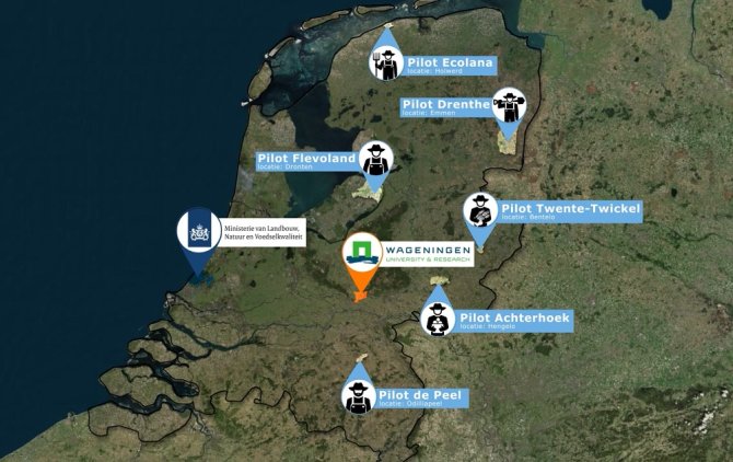 Zes pilots: Ecolana in Holwerd, Drenthe in Emmen, Flevoland in Dronten, Twente-Twickel in Bentelo, Achterhoek in Hengelo en de Peel in Odiliapeel