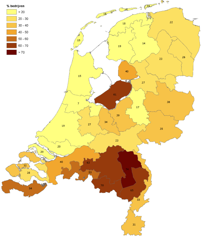 Figuur 2 	Bedrijven met melkvee (%) met een fosfaatoverschot van meer dan 20 kg per ha (met BEX), 2015 Bron: Wageningen Economic Research.