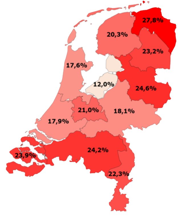 Figuur 2. Geografische representatie van de wintersterfte op provinciaal niveau. Flevoland had gemiddeld genomen het kleinste wintersterftepercentage (12%) en Groningen het grootste (27,8%).