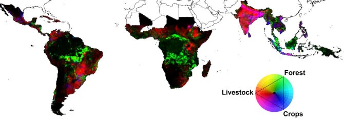 Figure 2: Contribution of the leading emission sources in percent of total emissions (grouped into forests, crops and livestock) to the per pixel (0.5°), for 2000-2005. Forest emissions include fire, deforestation and wood harvesting. Crop emissions include paddy rice, cropland soil and croplands over drained histosols. Livestock emissions include enteric fermentation and manure management emissions. This figure is an RGB image where final colours represent the strength of the emissions for the three sources (e,g, fuchsia colours in Asia represent equal emissions from livestock (red) and crops (blue). Dark represents areas of low emissions. Source: Roman-Cuesta et al. (2016)