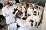 Leerlingen onderzoeken algen tijdens het Junior Science Lab.