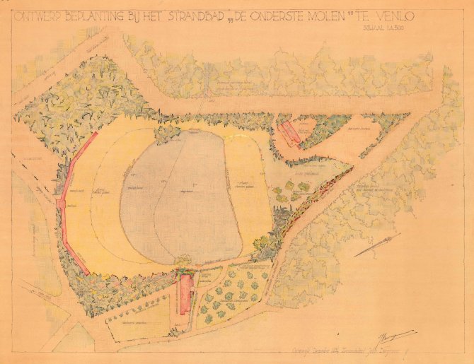 Planting in landscape design. Drawing in colour. 'Ontwerp beplanting bij het strandbad De onderste Molen' by John Bergmans, 1934