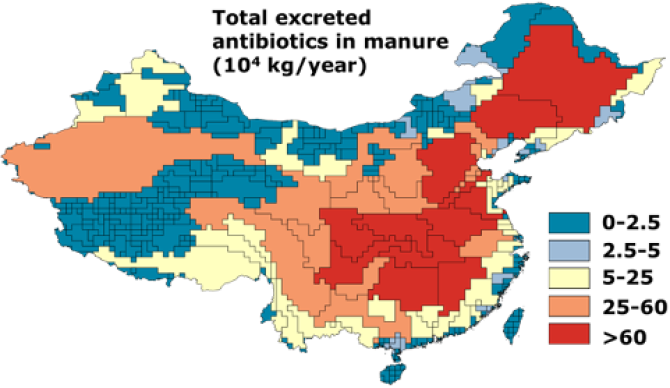 Figure 2: Total amount of antibiotics excreted in animal manure (kg/year, Qi Zhang and others, under development) 