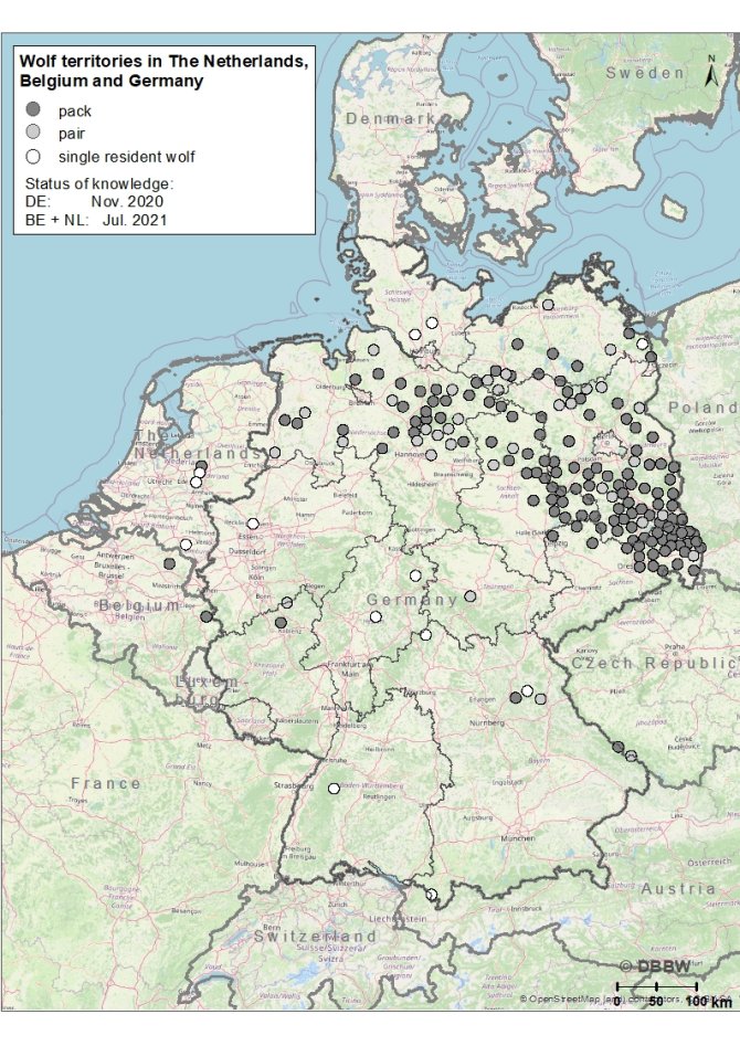 Map of wolf territories in the Netherlands, Germany and Belgium