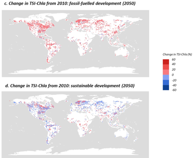 Figures: Projected changes in Trophic State Index for chlorophyll-a (TSI-Chla) for representative lakes in 2050 scenarios compared to the baseline 2010. c) Projected change in TSI-Chla in the fossil-fuelled development scenario for 2050. d) projected change in TSI-Chla in the sustainable development scenario for 2050. (adapted from Figure 2 in the paper)