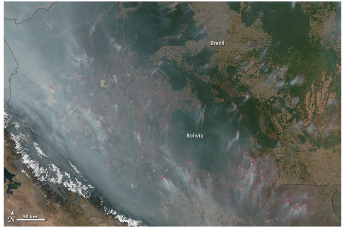 Smoke from forest fires in Bolivia and Brazil, as observed by the MODIS satellite during the 2010 fire season. (Image courtesy: NASA, Jeff Schmaltz)