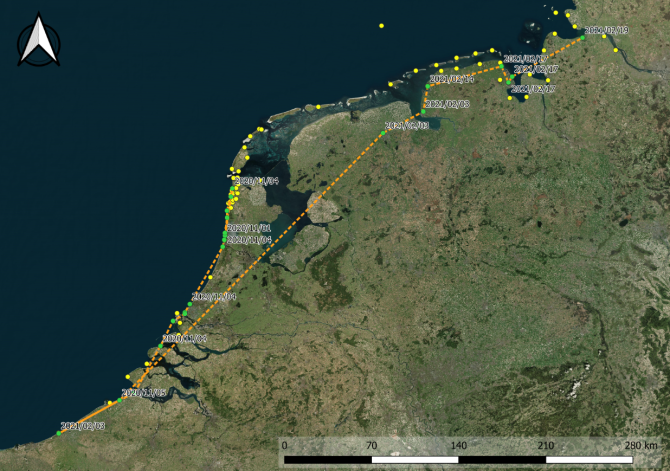 Vliegroute van een veldleeuwerik die in de nacht van 4 november 2020 in iets meer dan zes uur vanuit de kop van Noord-Holland naar Zuid-België vloog. In de nacht van 2 februari 2021 begon de terugreis via Groningen naar Emden in Noordwest-Duitsland. Twee weken later werd de tocht in kleine stapjes voortgezet richting het noordoosten. 