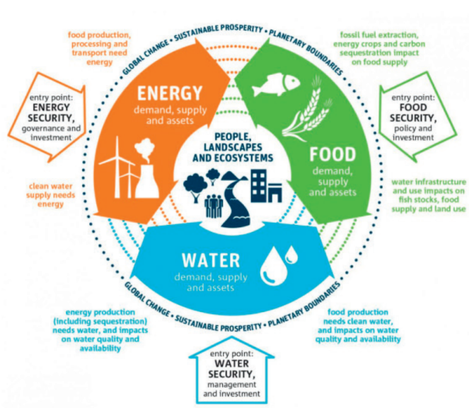 De voedsel-energie-water nexus, waarbij enkele verbanden tussen functies worden geïdentificeerd en uitgelegd. Bron: IAW, 2018.