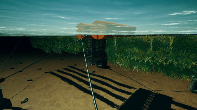 The construction of a living breakwater from an underwater perspective: in the centre are the cages that give shelter to crustaceans such as oysters and mussels. Image: Team ReShore.