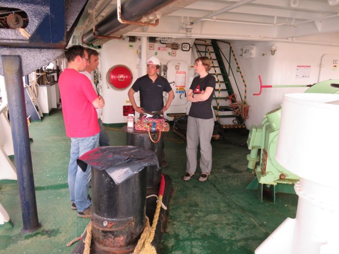 Annette, Frits and Hans discuss the options with the operations manager of Oceanwide Expeditions for places to set the lab tables.