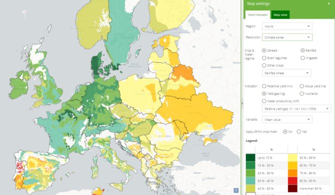 An example of the potential yields of cereals on a map