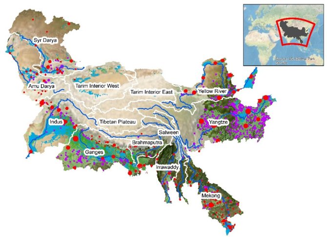 The river basins that originate from the ‘Third Pole’ including their downstream areas and human activities, illustrating the complexity of these water systems (green: irrigated areas, blue: irrigation canals, purple: dams and reservoirs, red: large cities)