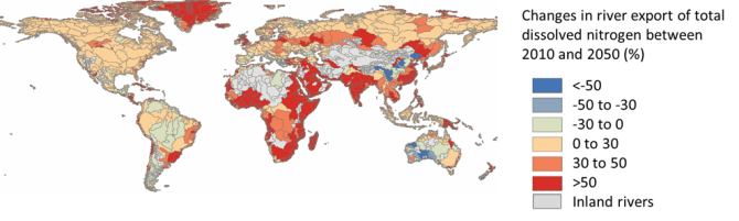 Figure 2: Changes in river export of total dissolved nitrogen between 2010 and 2050 according to a scenario assuming low policy ambitions in agriculture, high economic development and a lot of global warming (the combination of Shared Socio-economic Pathway 5 and Representative concentrative pathway 8.5). The scenario is developed in the INMS project and implemented to the MARINA-Nutrients model (Maryna Strokal, Mengru Wang, et al. under development).  