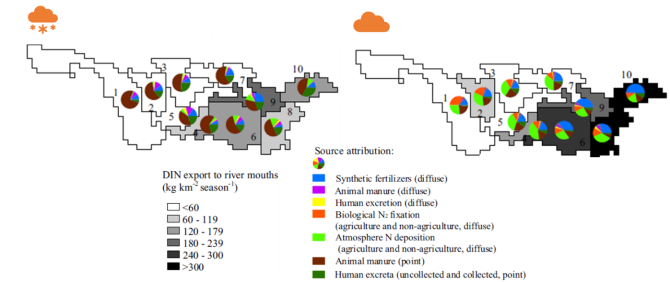 Figure 2: River export of dissolved inorganic nitrogen (kg km-2 season-1). Modified from Chen et al., (2019)