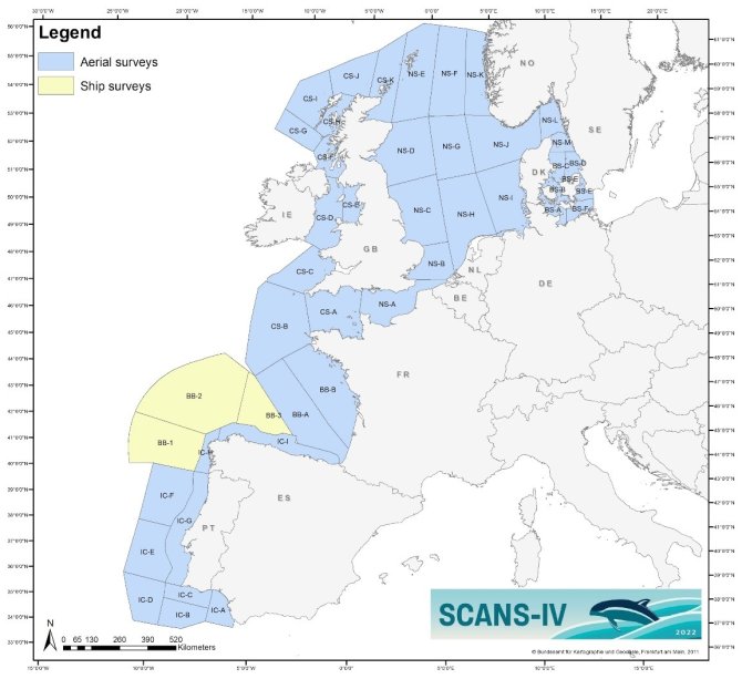 The SCANS-IV survey area with division into sub-areas